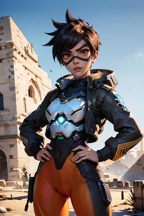 tracerow,tracer (overwatch),short hair, (visor, googles), cropped jacket, orange leggings, looking at viewer, serious, angry, 
standing, hands on hips, outside, egypt, pyramid of giza, extreme detail, masterpiece,  <lora:Tracer resized3:.8>