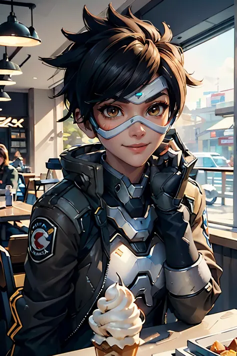 tracerow,tracer (overwatch),brown eyes, short hair, (visor, googles), cropped jacket, looking at viewer, smiling, eyes half closed, blush, medium shot, 
sitting behind table, ice cream cone, interior of a mall, store, bright lighting, extreme detail, masterpiece,  <lora:Tracer resized3:.8>