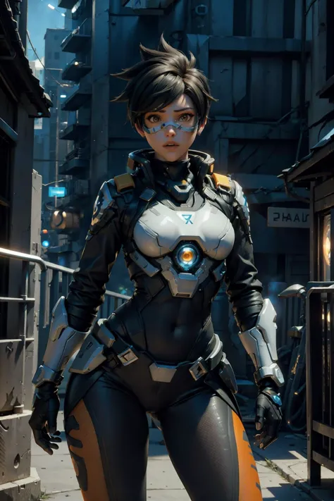 a woman in a futuristic suit standing on a street