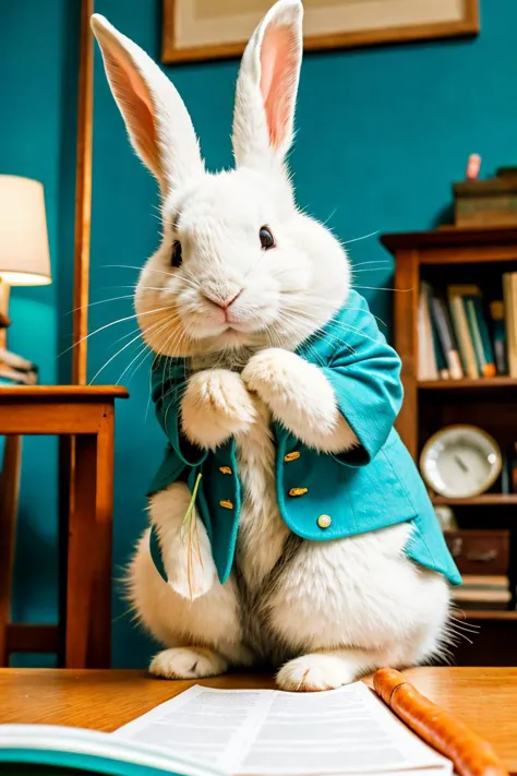 there is a white rabbit sitting on a table with a book