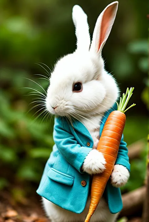 there is a white rabbit in a blue jacket holding a carrot