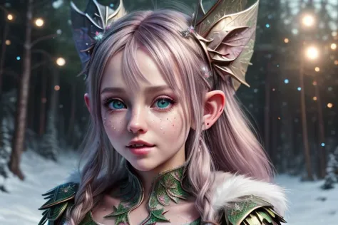 8k hi-Definition hyper realistic: high-res, hyper realistic: small/tint Christmas elf (female), pointed ears, glittery face ware...