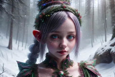 8k hi-Definition Hyperrealistisch: hochauflösend, Hyperrealistisch: Klein/Weihnachtselfe färben (weiblich), spitze Ohren, glitzerndes Gesicht, weihnachtliche Kleidung tragen, Ganzkörper,  Verschneiter Wald,