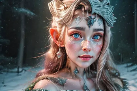 8k hi-Definition hyper realistic: high-res, hyper realistic: small/tint Christmas elf (female), pointed ears, glittery face ware...