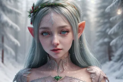 8k hi-Definition hyper realistic: high-res, hyper realistic: small/tint Christmas elf (female), pointed ears, glittery face, wea...