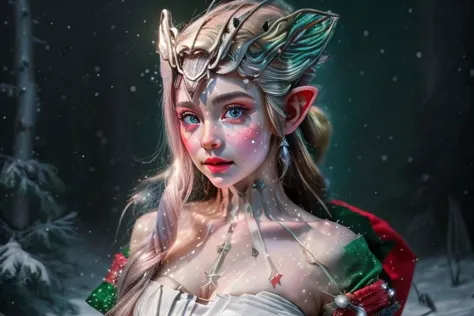 8k hi-Definition hyper réaliste: haute résolution, hyper réaliste: petit/teinte lutin de Noël (femelle), oreilles pointues, Vêtements de style de Noël pour le visage pailleté, décorer une forêt enneigée, éclairage d&#39;ambiance festive