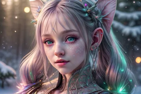 8k hi-Definition hyper realistic: high-res, hyper realistic: small/tint Christmas elf (female), pointed ears, glittery face ware...