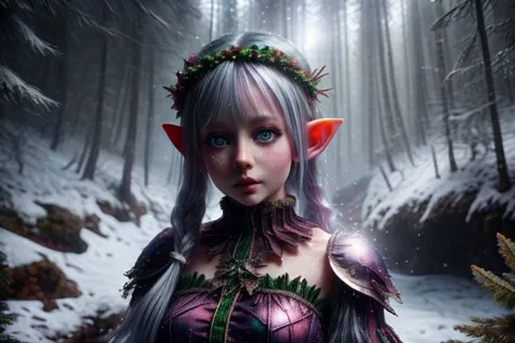 8k hi-Definition hyper realistic: high-res, hyper realistic: small/tint Christmas elf (female), pointed ears, glittery face, wea...