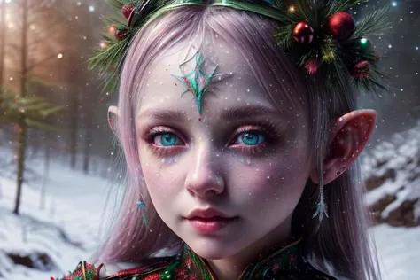 8k hi-Definition 超リアル: 高解像度, 超リアル: 小さい/クリスマスエルフの色付け (女性), 先のとがった耳, キラキラした顔, クリスマス風の服を着る, 全身,  雪の森,