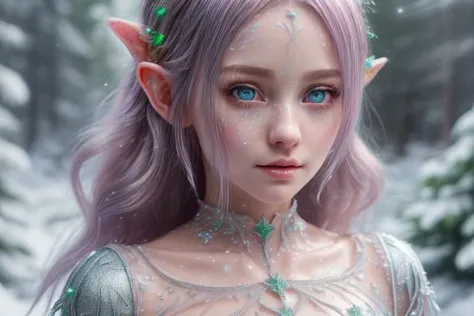 8k hi-Definition hyper realistic: high-res, hyper realistic: small/tint Christmas elf (female), pointed ears, glittery face, wea...