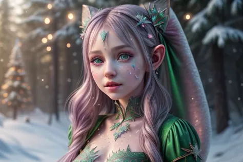 8k hi-Definition hyper réaliste: haute résolution, hyper réaliste: petit/teinte lutin de Noël (femelle), oreilles pointues, Vêtements de style de Noël pour le visage pailleté, décorer une forêt enneigée, éclairage d&#39;ambiance festive