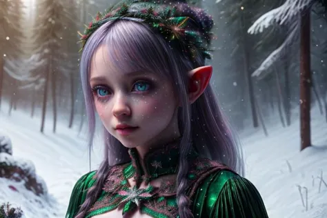 8k hi-Definition hyper realistic: high-res, hyper realistic: small/tint Christmas elf (female), pointed ears, glittery face, wea...