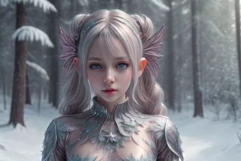 8k hi-Definition hyper realistic: high-res, hyper realistic: small/tint Christmas elf (female), pointed ears, glittery face, wearing transparent Christmas style clothing, full body,  snowy forest,