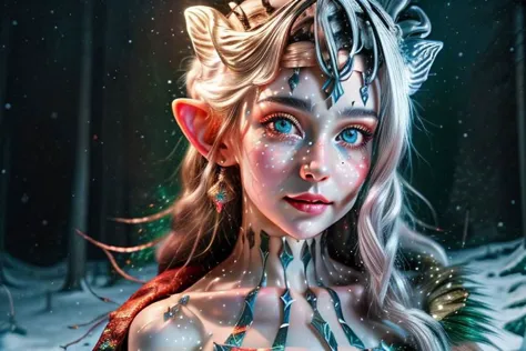 8k hi-Definition hyper realistic: high-res, hyper realistic: small/tint Christmas elf (female), pointed ears, glittery face ware...