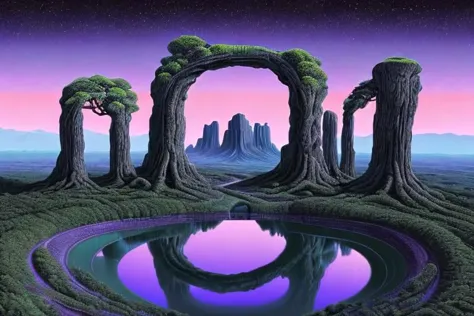 ASCIISuper high definition, aerial view, lava flows, giant twisting trees with gnarled roots, ancient metropolis, crystal monolith, reflective pools, HDR, Dark vaporwave color palette, eclipse, glowing archway, huge twisting vines, aerial view of rolling hills in bizarre alien landscape, fibonacci, Enki, annunaki, megaliths with eyes, ufo, dna, cosmic serpent, vaporwave tiled liminal space, iris, pixel art, arcane ruins