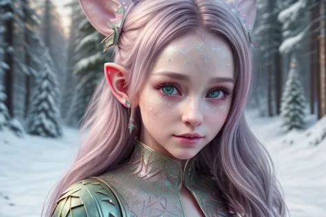 8k hi-Definition hyper realistic: high-res, hyper realistic: small/tint Christmas elf (female), pointed ears, glittery face ware...