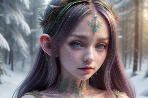 8k hi-Definition hyper realistic: high-res, hyper realistic: small/tint Christmas elf (female), pointed ears, glittery face, wearing transparent Christmas style clothing, full body,  snowy forest,