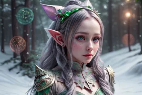 8k hi-Definition hyper realistic: high-res, hyper realistic: small/tint Christmas elf (female), pointed ears, glittery face ware...