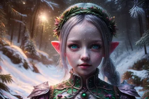 8k hi-Definition hyper realistic: high-res, hyper realistic: small/tint Christmas elf (female), pointed ears, glittery face, wea...