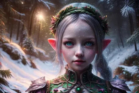 8k hi-Definition hyper realistic: high-res, hyper realistic: small/tint Christmas elf (female), pointed ears, glittery face, wearing  Christmas style clothing, full body,  snowy forest,