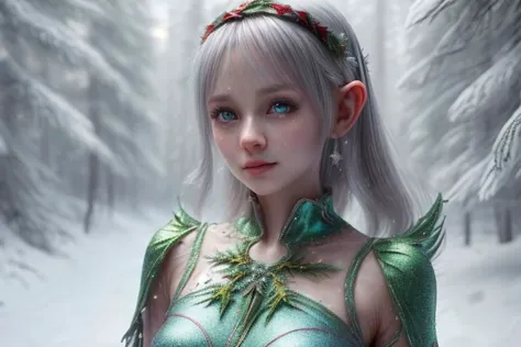 8k hi-Definition hyper realistic: high-res, hyper realistic: small/tint Christmas elf (female), pointed ears, glittery face, wearing transparent Christmas style clothing, full body,  snowy forest,