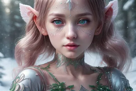 8k hi-Definition Hyperrealistisch: hochauflösend, Hyperrealistisch: Klein/Weihnachtselfe färben (weiblich), spitze Ohren, glitzerndes Gesicht, transparente Kleidung im Weihnachtsstil tragen, Ganzkörper,  Verschneiter Wald,