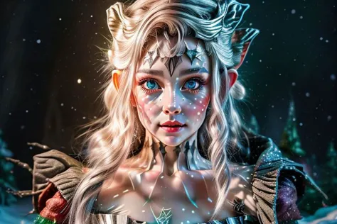 8k hi-Definition hyper realistic: high-res, hyper realistic: small/tint Christmas elf (female), pointed ears, glittery face ware...