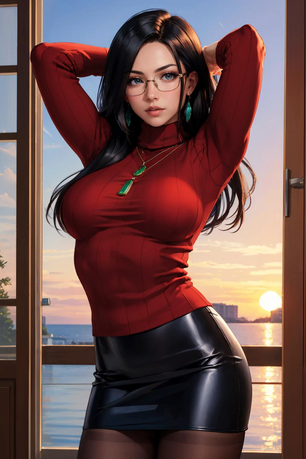 masterpiece, best quality, minazukikyouko, black hair, glasses, necklace, earrings, red sweater, turtleneck, black miniskirt, pantyhose, cowboy shot, large breasts, arms behind head, stretching, looking at viewer, sunset, park 