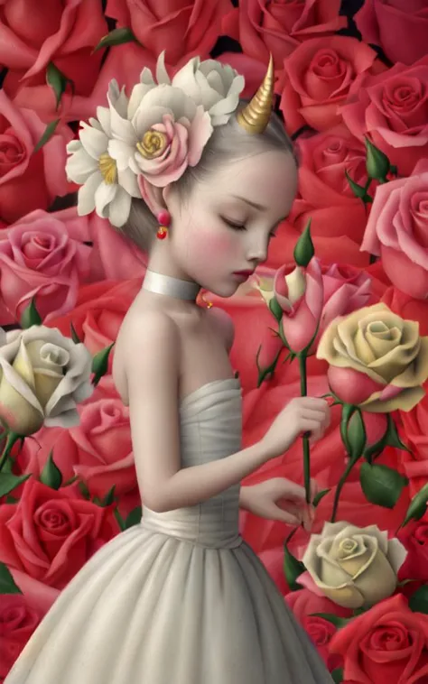 (masterpiece, best quality),pink rose background,profile,close shot,:3,white choker,closed eyes,flower,white dress, small horns, bare_shoulders,collarbone,earrings,jewelry,(flower, rose:1.5),hair behind ear,(pointy ears), facing_away, <lora:nceccoli3:1>