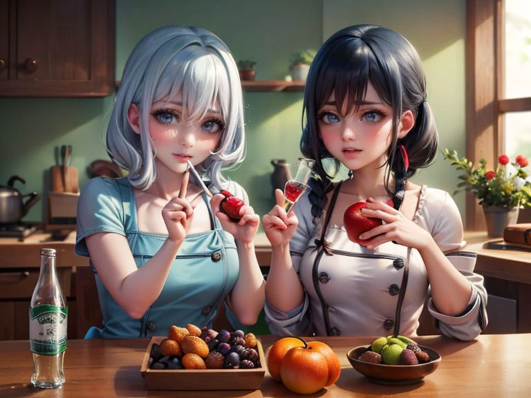 (masterpiece), (best quality), HDR, skindentation, perfect face, beautiful face, perfect eyes, eyelashes, akebi komichi and kurata mashiro in a kitchen, fruit, bottle, food