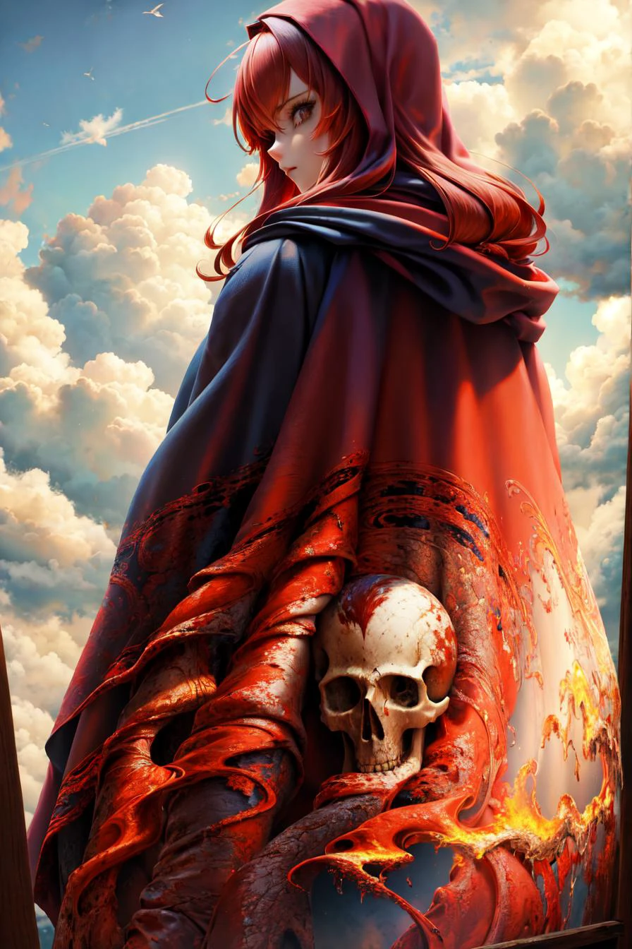 (masterpiece), (best quality)  solo, 1girl, standing, male focus, red hair, cloud, hood, from behind, cloak, skull, robe, painting 