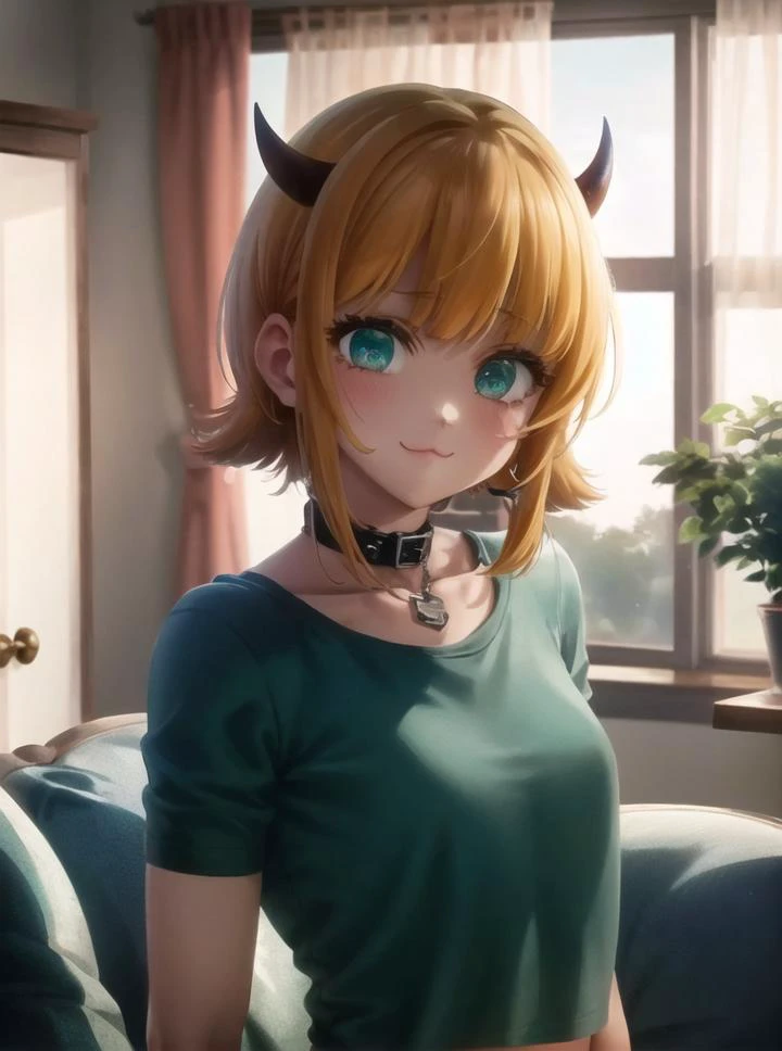 (masterpiece:1.2), best quality, masterpiece, highres, 8k, photorealistic, original, extremely detailed wallpaper, (ultra-detailed), (best illustration), (best shadow), 1girl, upper body, (memcho), tiny horns, small breasts, (:3:1.2), puffy face, beautiful face, big eyes, cyan eyes, puffy eyes, perfect eyes, eyelashes, (casual cloths, bright green t-shirt, crop top, collar), indoor, living room, sofa, tv,