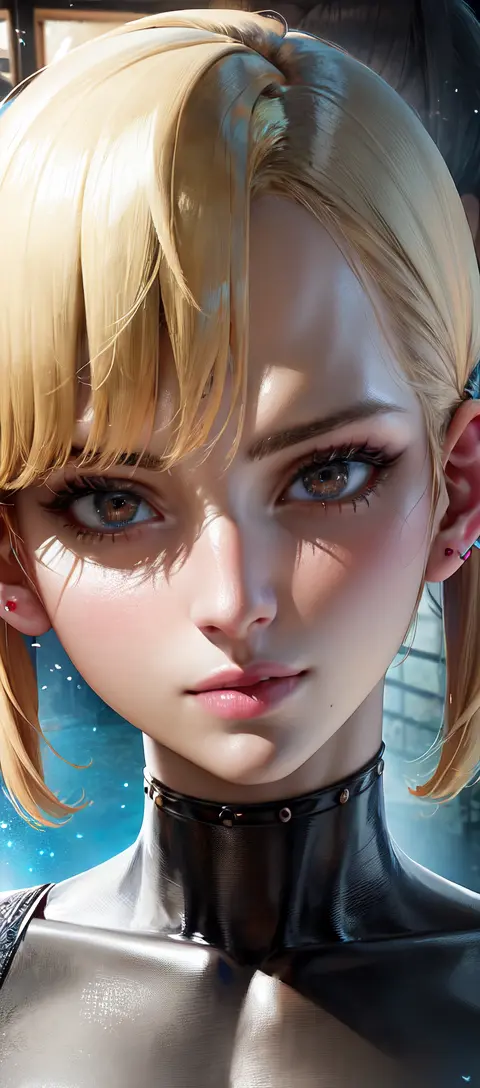 (masterpiece), (best quality), highly detailed, HDR, 1girl, solo focus, skindentation, perfect face, puffy face, beautiful face, big eyes, puffy eyes, perfect eyes, eyelashes, Nina Williams from Tekken, short blond hair, extreamly detailed face, zoom on face