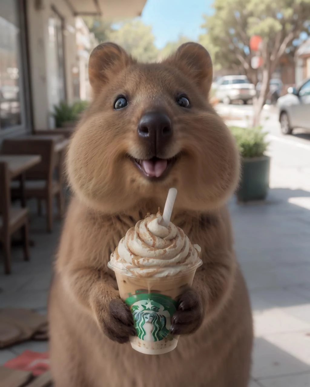 best quality,no humans,
quokka,aidaishu,drinking,frappuccino,
cafe,
 