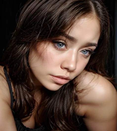 a close up of a woman with long hair and blue eyes