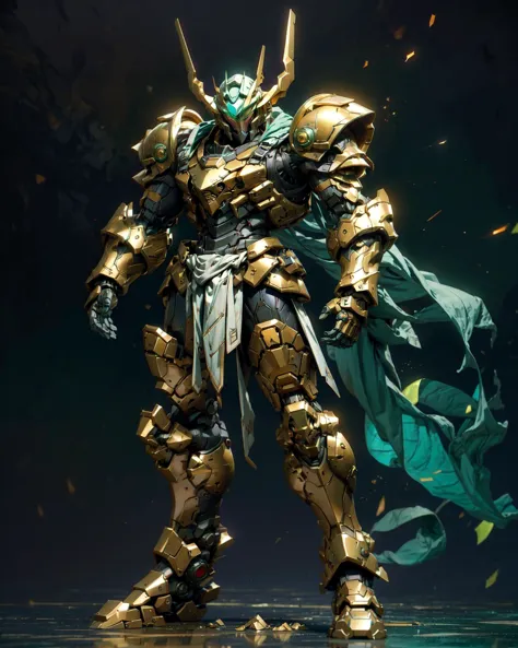 full_body photo of mecha, headgear, (glowing eyes),  
golden_brown armor, sea_turtle_green reflected armor, covered in full silv...