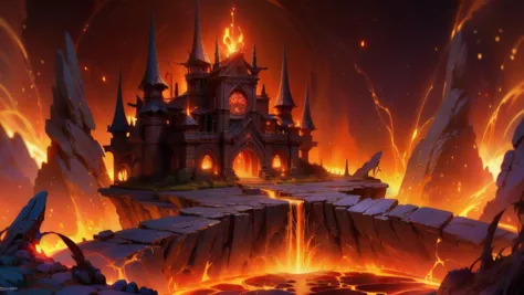 a castle on fire with a waterfall in the middle