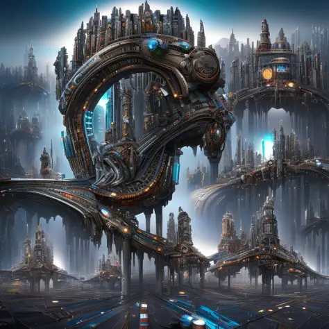 jxstch style futuristic buildings with lights stacked on top, in the style of fantastical machines, ultra detailed, jan matejko, cyan, transportcore, realistic details, truls espedal