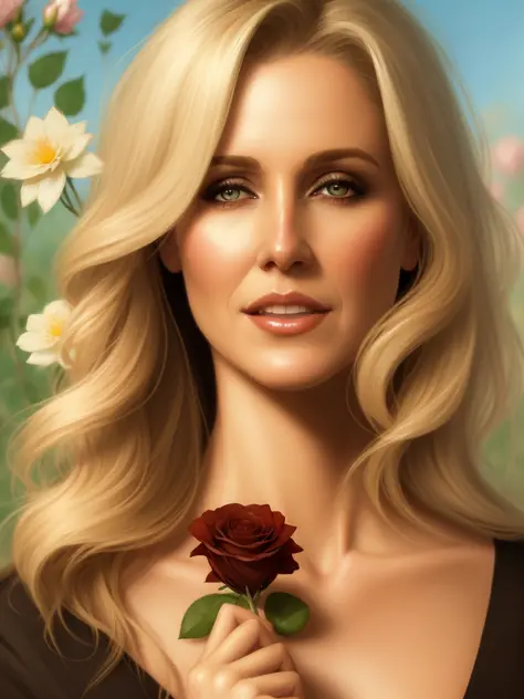 <lora:Julia_Ann:0.7>
a woman, 45 years old, blonde, Woman smelling a flower, roses everywhere, highly detailed, digital painting...