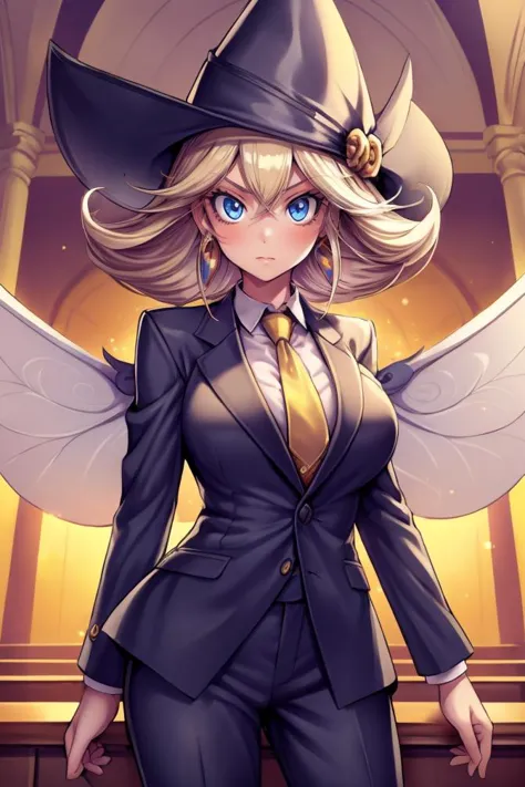 church interior, 1girl, (prettyeyes), solo, looking at viewer, serious, cowboy shot, lemon_magician_girl, wings, fairy wings, large breasts, earrings, blonde hair, (wizard hat, yellow headwear), blue eyes, hat, jewelry, (black suit, suit jacket, suit pants, necktie, formal:1.2)