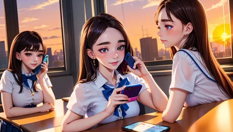 anime girls sitting at a table with cell phones in their hands