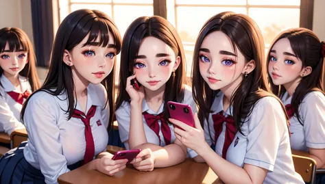 several girls in school uniforms are sitting at a table with their cell phones