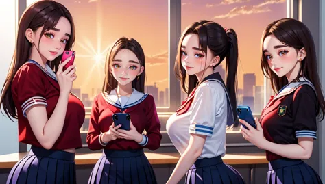 three girls in school uniforms are holding cell phones and looking at their phones