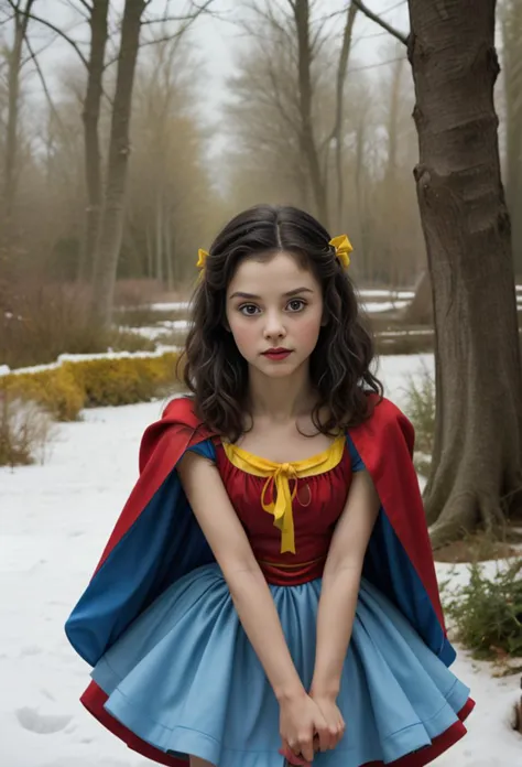 disney's snow white, wearing a yellow and blue dress with a red ribbon, sometimes with a red cape. <lora:5pardet-colcin-nm:0.41>...