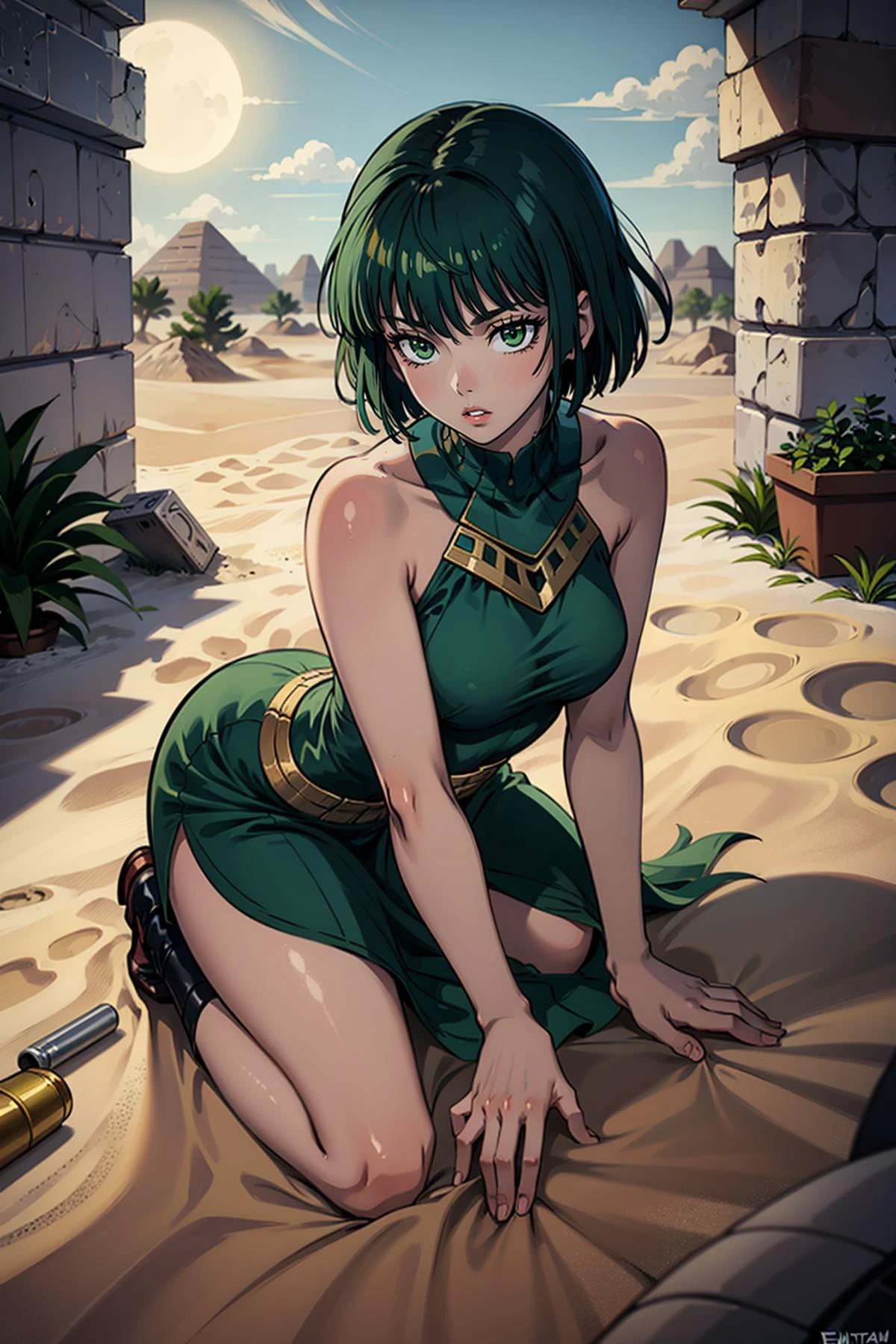 masterpiece, best quality, 1girl, solo, facing viewer, EPopmFubuki, short hair, green hair, green eyes, ancient egyptian clothes, desert, sand, dust, sun, all fours, parted lips