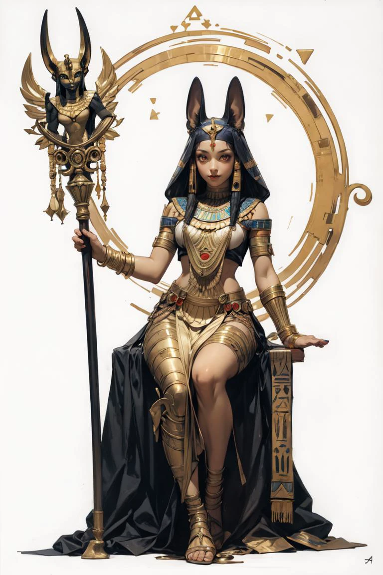 1girl, cinematic light,  anubis attire, solo, full body, moon, night, ((ancient egyptian theme)), (anubis ears), pyramids, staff, (gold), golden ornaments,  pharaoh, hieroglyph, portrait of a goddess, beautiful , active pose, over head lighting, fangs, glowing eyes, sitting, relics, egypt Painted poster, 1girl alphonse mucha Circle ancient egyptian clothes DART  thick girl