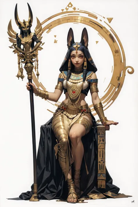 1girl, cinematic light,  anubis attire, solo, full body, moon, night, ((ancient egyptian theme)), (anubis ears), pyramids, staff...