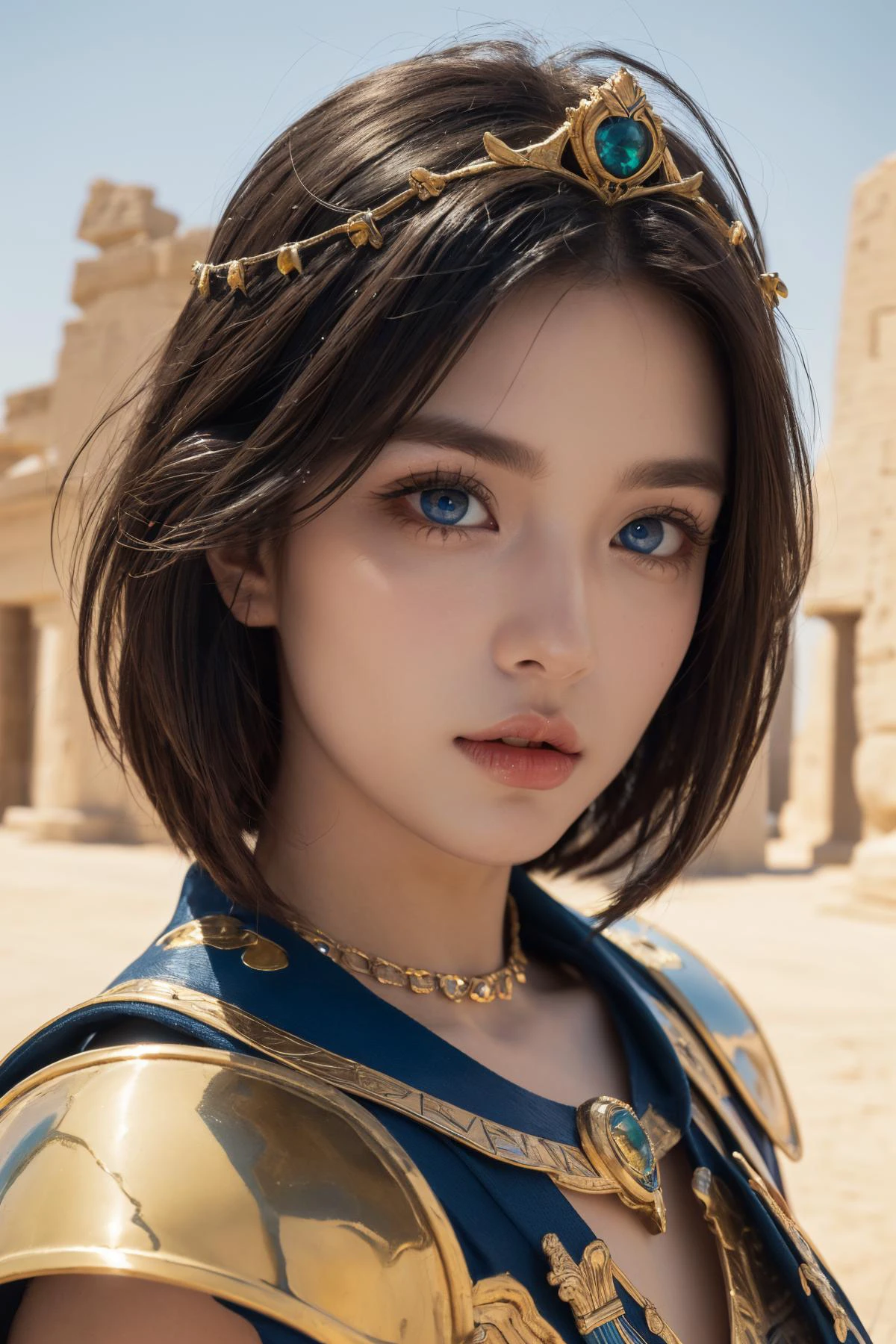(Best Quality, Masterpiece:1.4), (Realism:1.2), (Realisitc:1.2), (Absurdres:1.2), (photorealistic:1.3), 1girl,Realistic Skin,Solo,( Very Big Eyes,beautiful detailed eyes, symmetric eyes), ((cowboy shot)), sexy armor, armor,outdoors, jewelry, makeup, short hair, tiara, messy hair, ancient egyptian clothes, Egyptian temple, statues, sweating, sand,