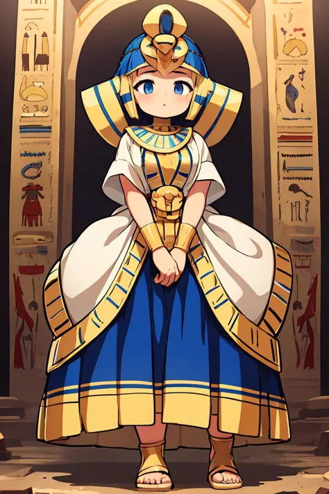 a cartoon image of a woman in a blue dress and gold headdress