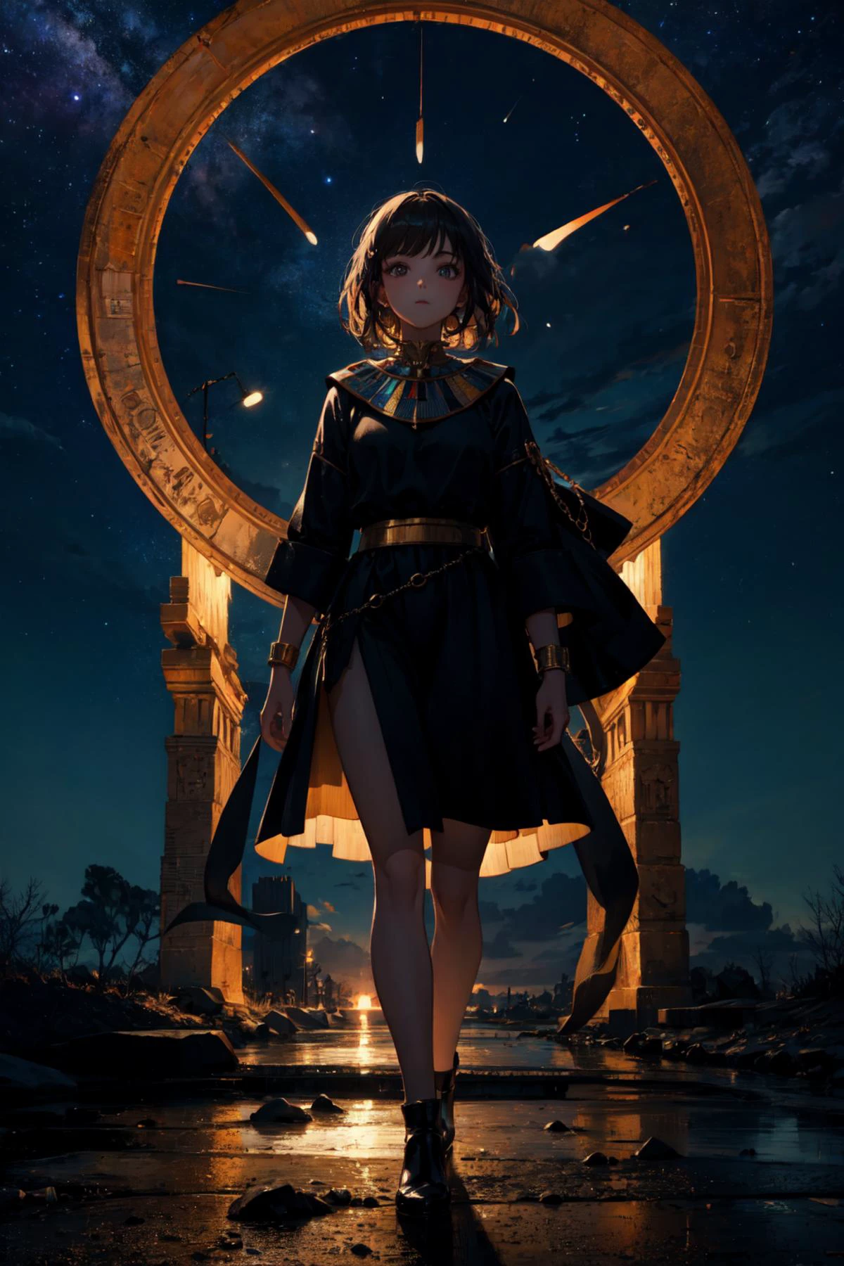 full body shot,natural lighting, soft lighting, sunlight, HDR (High Dynamic Range), Maximum Clarity And Sharpness, Multi-Layered Textures,(beautiful nightsky background:1.3),
 ancient egyptian clothes, 1girl, solo, dark skin